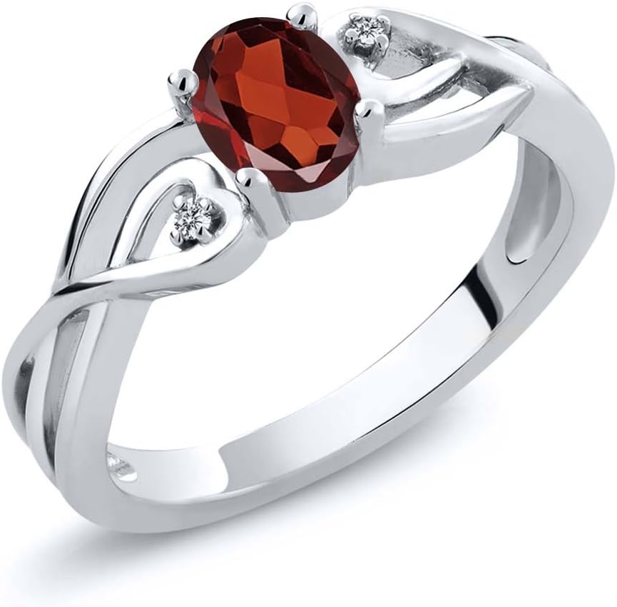 Gem Stone King 0.51 Cttw Red Garnet and White Lab Grown Diamond Engagement Ring For Women | 925 Sterling Silver | Oval 6X4MM | Gemstone Birthstone