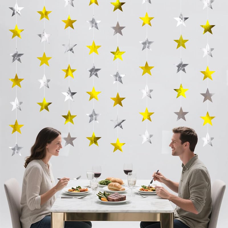 Image of Gold Silver Shining Star Hanging Garland Gold and Silver Hanging Sparkling Star Streamer Glitter Bunting Banner Twinkle Backdrop for Wedding Baby Shower Birthday Christmas Decorations 40 Feet