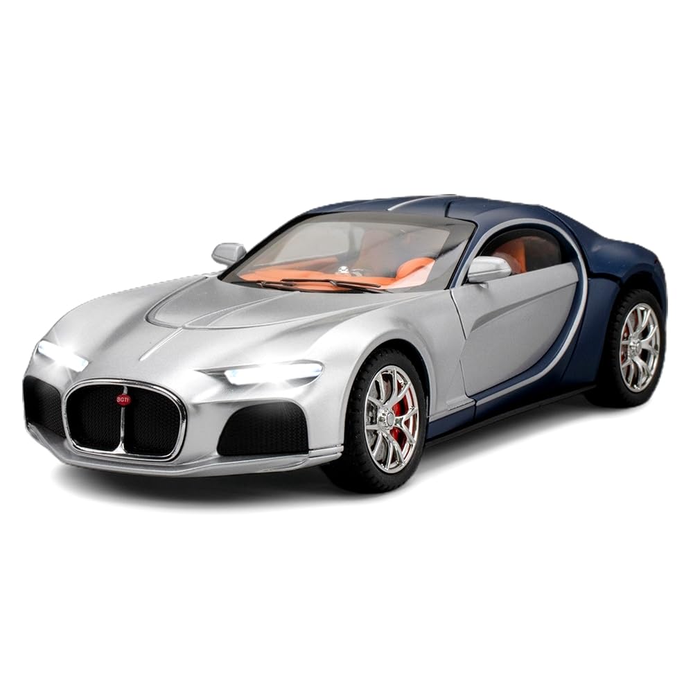 1:24 Scale Bugatti Atlantic Alloy Car Model Diecast Toy Vehicles for Kids, with Lights and Music，Gifts for Adults and Children, Decorative Objects, Collectibles. (Silver Blue)