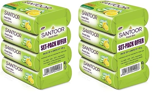 Image of Santoor Fresh Skin Aloe Vera & Lime Bathing Soap with Nourishing & Anti-Aging Properties| For Smooth & Soft and Younger-Looking Skin| For All Skin Types| 125g, Pack of 8