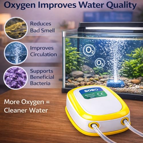 Image of SB-9905 Aquarium Air Pump 2 Way | 4.2W Dual Outlet Oxygen Pump | 2 x 5.5 L /Min Powerful Airflow | Ultra-Quiet Fish Tank Air Pump | Includes 3M Air Tube & 2 Air Stones