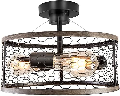 Ohniyou Rustic Ceiling Light Fixture 3-light,Farmhouse Cage Light Fixtures for Hallway Entryway Kitchen Bedroom Living Room Bathroom (downrod Mount)
