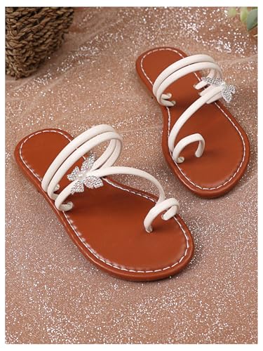 Image of GORGLITTER Girl's Strappy Leather Flats Sandal Cute Braided Dressy Toe Ring Slip on Slide Sandals