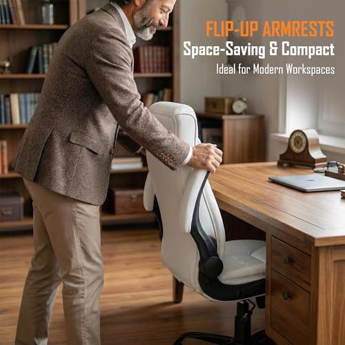 Image of DROGO Dominus Ergonomic Office Chair for Work from Home | Computer Chair for Study | PU Leather Executive Boss Chair with Flip-Up Armrest, Wide Cushion Seat (White)