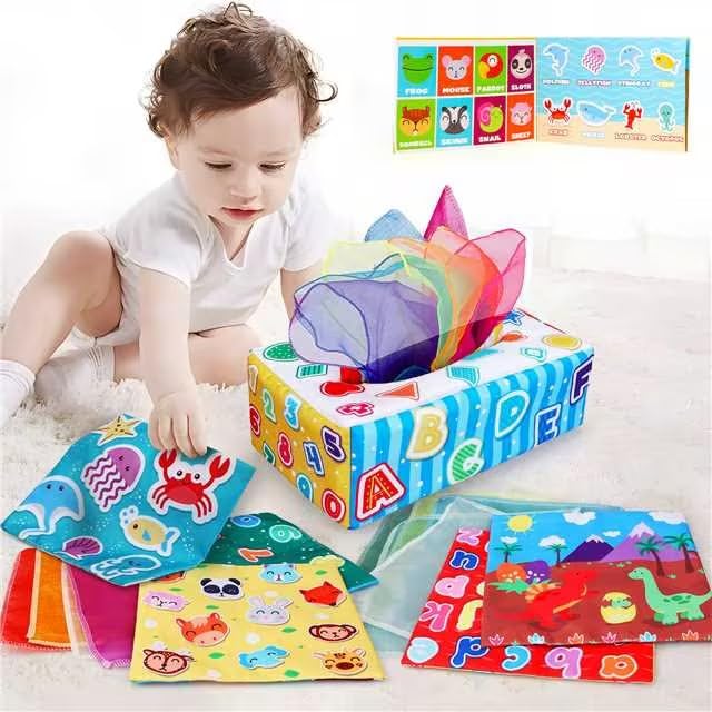 TOY Life Baby Tissue Box Toy, Montessori Toy for Babies 6-12 Months, Soft Stuffed High Contrast Crinkle Infant Sensory Toys for Babies, Early Development Learning Toy Gifts for Kids Toddler Boys Girls
