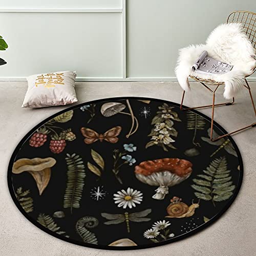 Image of Round Area Rug 3 Ft Mushroom Plants Insect Daisy Floral Collection Round Mats Accent Throw Rugs Floor Carpet Bedroom Study Kitchens Dining Living Room Indoor Laundry Decor Soft Non-Slip 36inch