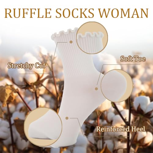 braxan 6 Pack White Ruffle Socks, Stylish Ruffle Socks Women with Soft Knit Cotton Lettuce edge, Crew Style Ankle Boot Sock for Teen Women3