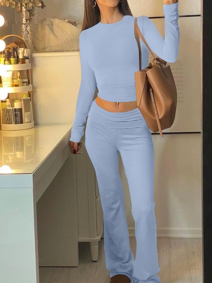 AYWA Women's 2 Piece Outfits Foldover Flare Pants Long Sleeve Crew Neck T-shirt Fitted Pajama Sets - Image 3