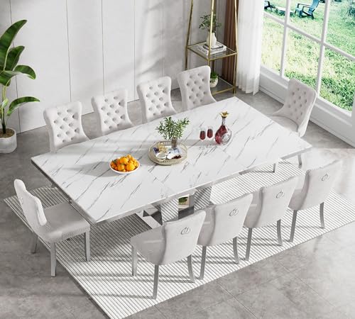 Image of 11-Piece Extendable Dining Table Set for 10, Modern 63 inch-94 inch White Faux Marble Expandable Kitchen Table Set with 10 Velvet Chairs,Large Extendable Dining Room Tables w /Mirrored Columnar Base