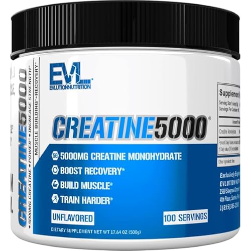 Evlution Nutrition Creatine 5000 - Supports Faster Recovery, Lean Muscle Growth & Performance - Pre & Post Workout Powder - 5000mg Pure Creatine Monohydrate Per Serving - 100 Servings - Unflavored