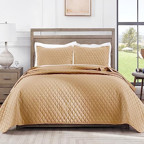 Exclusivo Mezcla Ultrasonic 2 Piece Twin Size Quilt Set with Pillow Sham, Lightweight Bed Cover Soft Bedspreads Coverlet Set - (Camel, 68"x88")