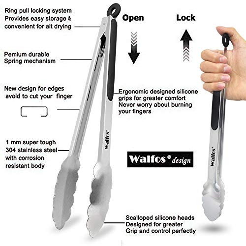 Walfos Kitchen Tongs - 7 inch Heavy Duty Food Tongs, 430 Premium Stainless Steel and Non-Slip Heat Resistant Handle - Great for Cooking, Salad, Grilling and Barbecue