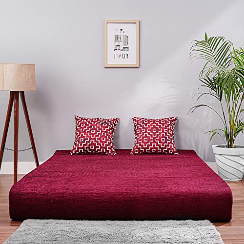 Image of Convertible Fabric Sofa Cum Bed | Foldable Double Foam & Washable Cover with Cushions | Modern Design Use Living Room & Guest Room (Maroon-Multi-Square, 4X6 Ft)