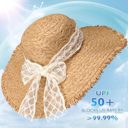 Image of Womens Beach Sun Straw Hat, Wide Brim Sun Hat Travel Foldable Summer Wind Lanyard UPF 50+