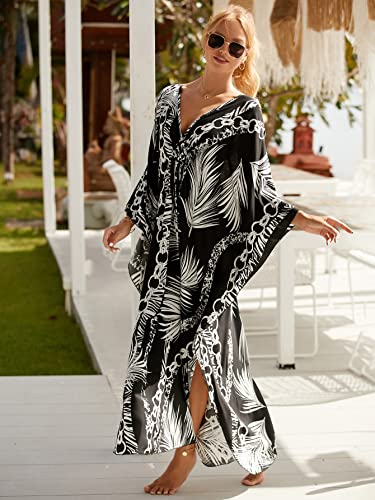 Image of sunforyou Kaftan Dresses for Women Plus Size Lightweight Swimsuit Cover up Batwing Sleeve Print Loungewear Beach Robe