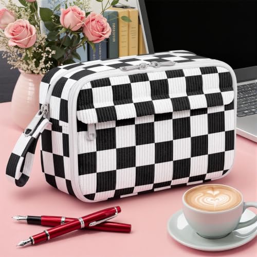Image of WOBAGMEN Cute Pencil Case,Large Corduroy Zippered Pencil Case Pouch, aesthetic Pencil Bag with Compartments(Black Gingham)
