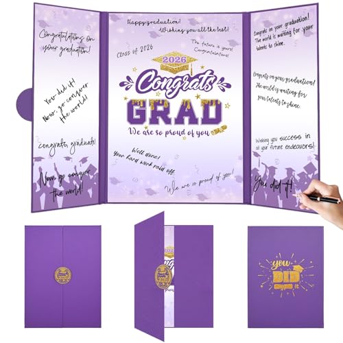 Graduation Decorations 2026 Purple Gold Graduation Guest Book to Sign Congrats Grad Signature Guestbook Alternative Party Gifts Keepsake Class Of 2026 Invitations Memory Card Board College High School