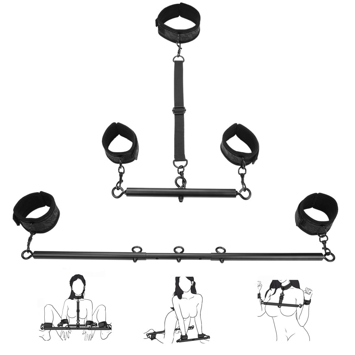 Barra separadora, juguetes sexuales con muñecas, tobillos, collares, esposas ajustables, set de ataduras BDSM para parejas adultas (negro)