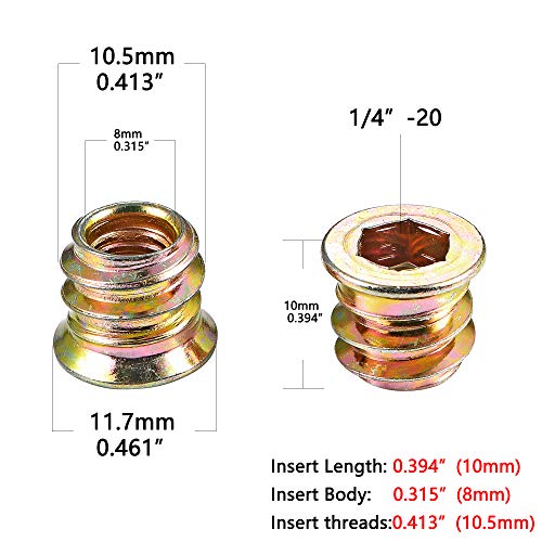 80 Pièces 1/4"-20 Inserts en bois Vis de meubles à boulon à fixation filetée en écrou Connecteur hexagonal Disque pour l'assortiment de meubles en bois (1/4"20 x 10mm)