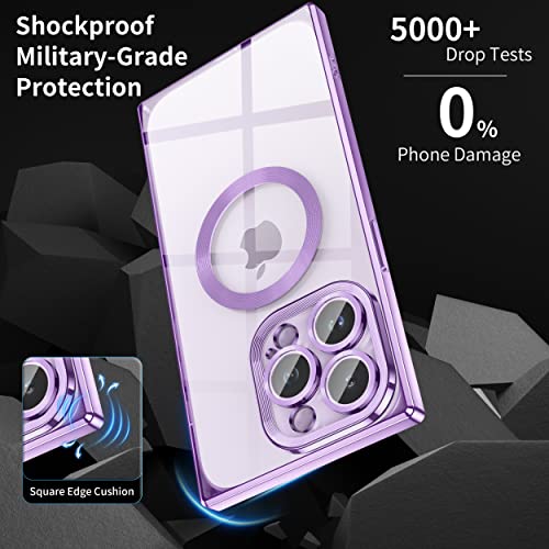 Image of for iPhone 14 Pro Max Case Clear Square Edge Cute Transparent Silicone Soft TPU Luxury Plating Bumper Case with MAGSAFE Charging (Purple)