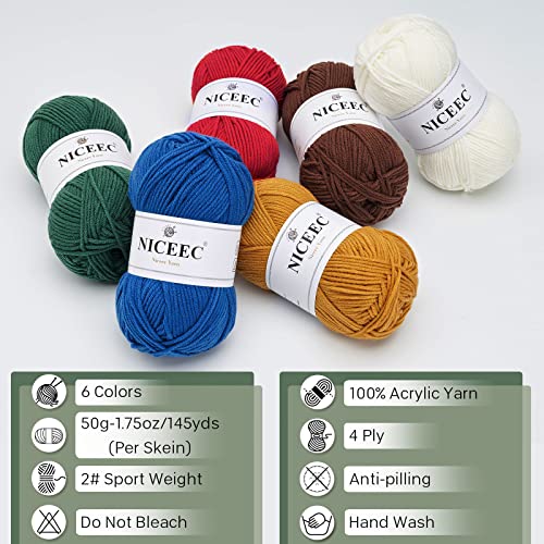 Image of NICEEC 300g Soft Assorted Colors Yarn - Sport Weight,100% Acrylic, 4 Ply, Bonbons Yarn for Crochet & Knit, DIY Project Starter Kit for Kids or Adults(Total 870yds) - Xmas