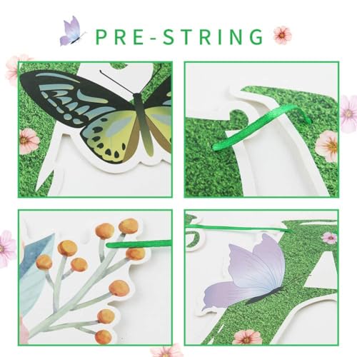 Image of SUNBEAUTY Wildflower Happy Birthday Banner Green Spring Butterfly Flowers Party Banner Floral Birthday Decoration Spring Butterfly Birthday for Women Girl Baby Shower Garden Tea Fairy Party Supplies | Pre-Strung