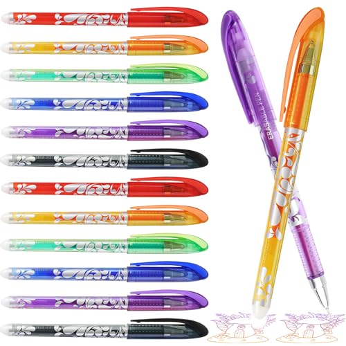 12 Pack Erasable Pens, Erasable Friction Pen with Rubbers 0.5mm Fine Point Rub Out Pen Erasables Gel Pens with Rubbers on the End for Kids Adults, Office, School Gifts set, Stationery Supplies