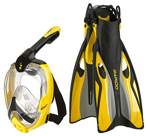 Phantom Aquatics Rapido Boutique Collection Flipper Snorkeling Fin Bundled with 180Â° Advanced Panoramic View Full Face Mask Fin Snorkel Set (Yellow, ML/XL, 9-11 / EU: 41-45)