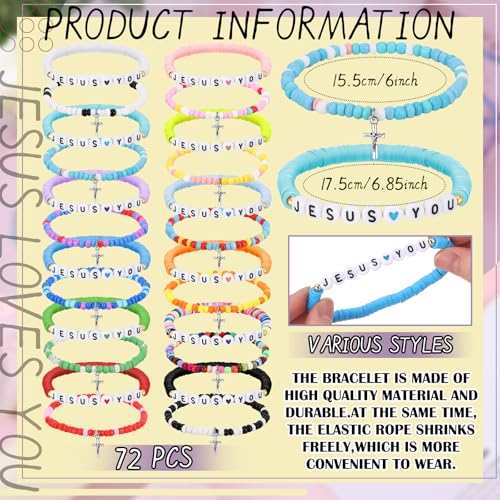 Ecally 72 Pcs Jesus Loves You Bracelets Bulk Friendship Bracelets Clay Bead Christian Wristbands for Women Men Party Colorful Religious Cross Inspirational Church Reminder Jewelry Gift2