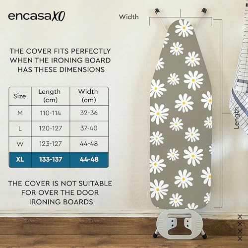 Image of Encasa XO Ironing Board Cover with 3mm Thick Felt Pad for Steam Press (Fits Standard X-Large Boards of 135x45 cm) Heat Reflective, Scorch & Stain Resistant, Printed - Daisy Grey