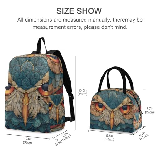 Backpack Lunch Bag Set Tribal Owl Portrait Print, Big Storage Travel Backpacks with Insulated Lunch Box for Office Hiking Picnic2