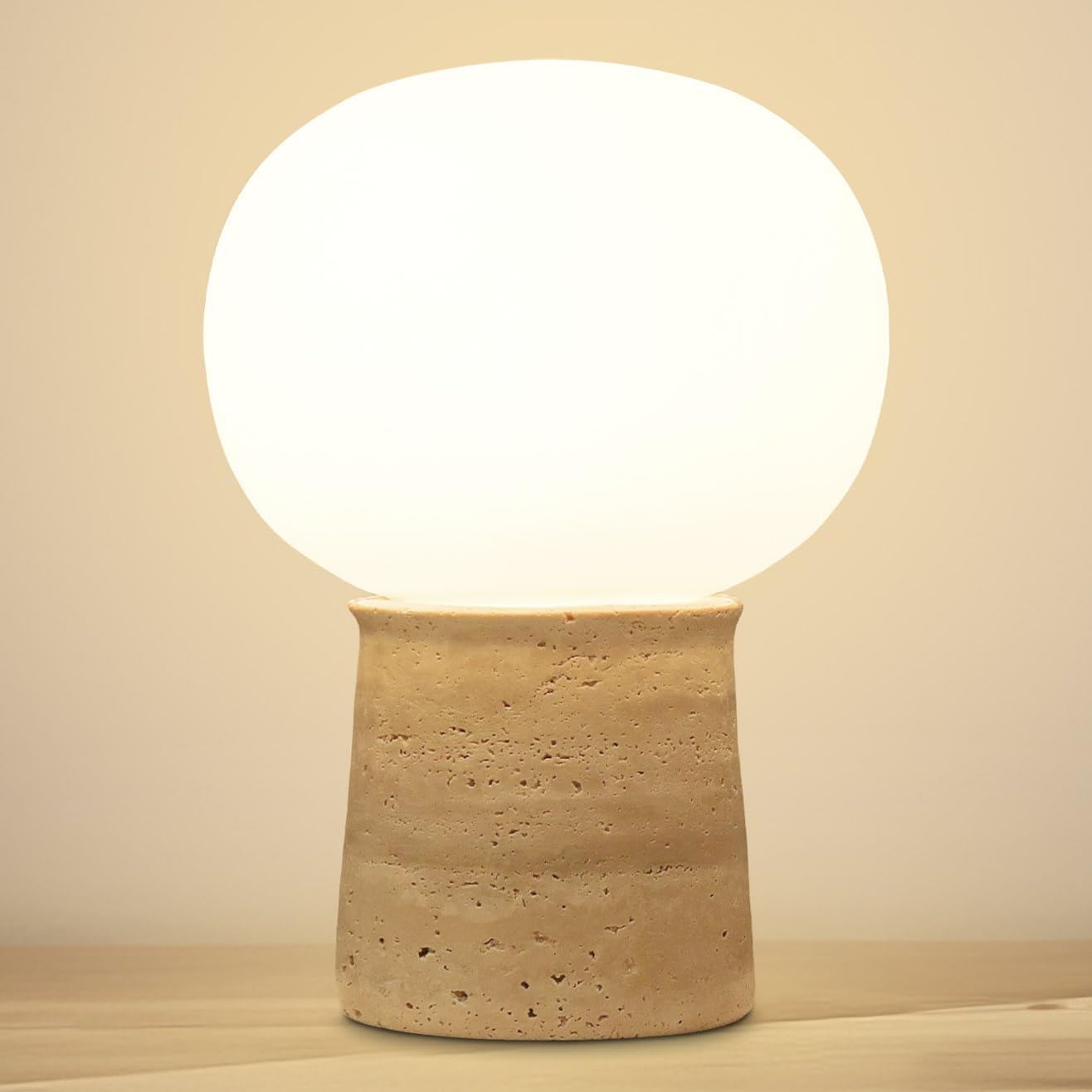 Brightech Neptune Small Table Lamp – 12” Natural Travertine Mushroom Lamp with Modern Frosted Glass Globe – Dimmable LED Warm White Light, Stone Lamp