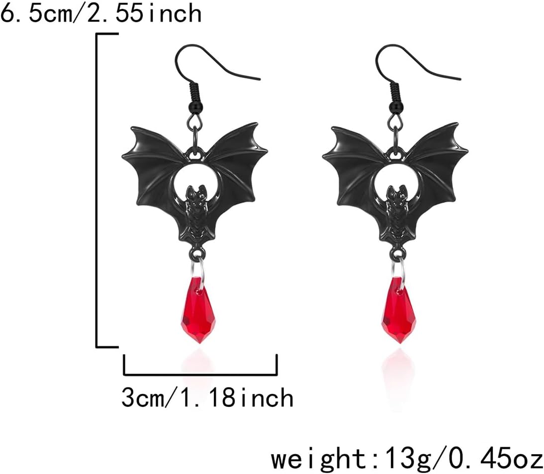 Gothic Vampire Bat Earrings for Women Red Crystal Earrings Black Bat Dangle Drop Earrings Punk Goth Halloween Cosplay Holiday Jewelry Accessories - Image 3