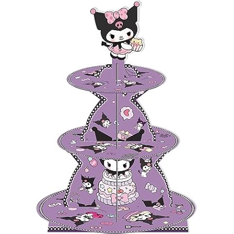 Kawaii Cartoon Birthday Decorations, Purple Cupcake Stand Party Supplies, 3 Tier Paper Cupcake Holder, Dessert Display Stand for Kids Birthday Party Decoration Cover