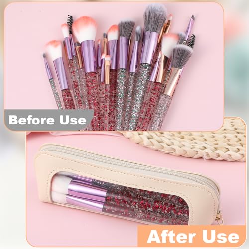 1 PCS Clear Pencil Case with Zipper PU Leather Clear Makeup Brush Bag Double Sided Toiletry Bag Portable Skincare Cosmetic Bags Transparent Waterproof Cosmetic Organizer Storage Bags for Women(Beige)4