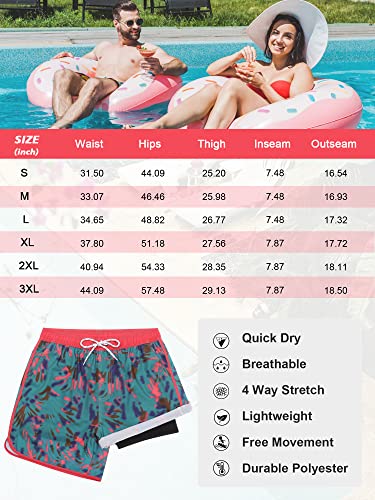 Silkworld 2 In 1 Quick Dry Swim Trunks Men 80S 90S Beachwear Swimsuit Shorts 7" Inseam Retro Athletic Swimwear With Pockets, Peacock Blue+Pink,Large #TOP7