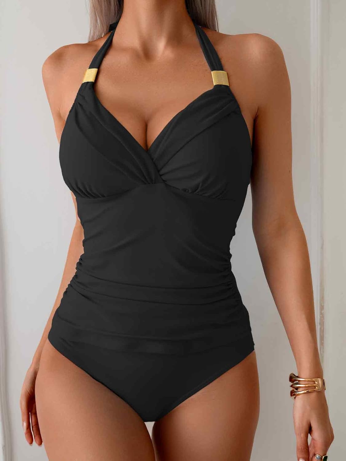 B2prity Women's Halter Tankini Set Tummy Control Swimsuit Mesh V Neck Two Piece Bathing Suit with High Waisted Bottom - Image 4