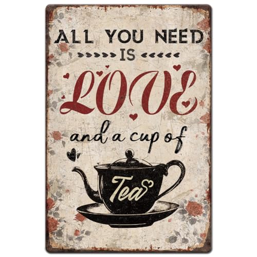 Hobbspring 1 plaque en métal vintage 20 x 30 cm - Plaque à thé rétro en fer aspect rouille « All You Need Is Love And A Cup Of Tea » - Poster pour salon de thé, pub, maison, bureau, cuisine,