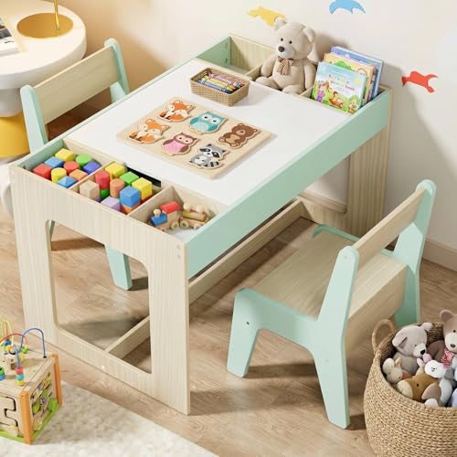 Mesa y Silla Infantil con Espacio de Almacenamiento, Mesa Infantil con 2 Sillas, Mesa Infantil con Sillas con Tablero Reversible, para Colegio, Guardería, para + 3 Años, Habitación Infantil (Verde)