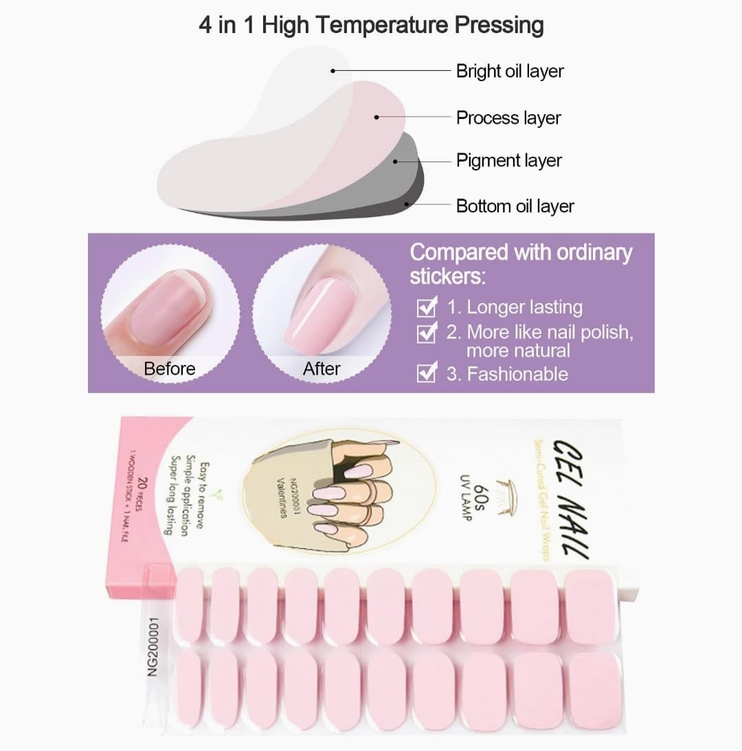 Cazuela Semi-Cured Gel Nail with 1 Wooden Stick + 1 Nail File & Nail Strip, Full Wrap Gel Nail Art Sticker, Waterproof 16PCS Gel Nail Wrap Stickers with Nail File and Sticker (07 Coral Pink) 4