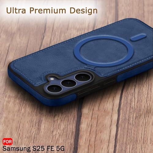 Image of TheGiftKart Genuine Leather Finish Back Cover Case for Samsung Galaxy S25 FE 5G | Raised Edges for Camera & Screen Protection | Shockproof Stunning Minimalist Design Cover (MagSafe Compatible, Blue)