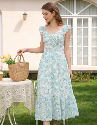 Image of GRACE KARIN Women's Summer Floral Maxi Dress 2026 Ruffle Sleeve Smocked Sundress Flowy Wedding Guest Long Dresses with Pocket