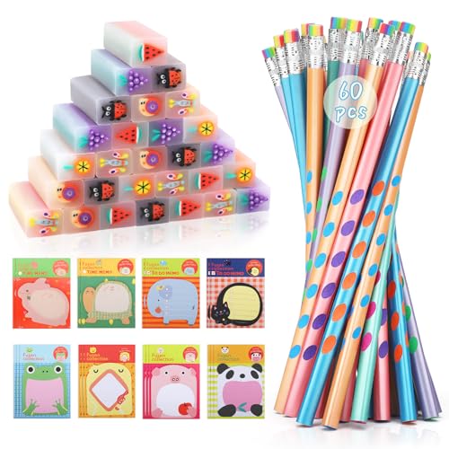 SKAMORI 60 peças lápis com borracha para crianças, presente, 20 borrachas divertidas 20 lápis triangular crianças 20 notas autocolantes, presentes de aniversário para crianças e colégio e detalhes de