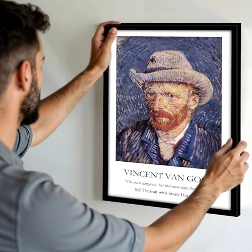 Image of Waltractive Vincent Van Gogh Paintings Framed Poster with Beautiful Quotes - Available in 33x22 and 48x33 CM - Classic Art Poster with sleek Black Frame - Elegant Home and Office Decor (Self-Portrait with Straw Hat, 9x13 Inch, Framed)