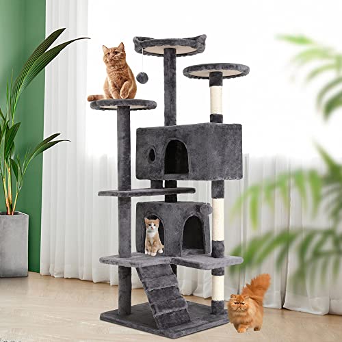 Image of BestPet | 54 inch Cat Tree Tower | Light Gray | Sturdy Multi-Level Cat Tree