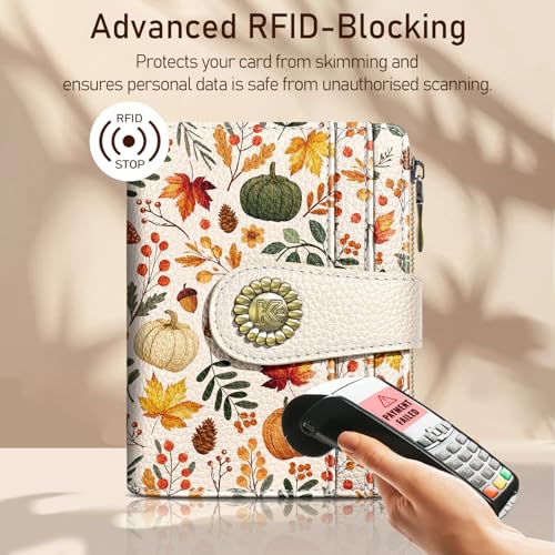 Image of Kelvoris Pumpkin Fall Leaves Mushroom Halloween Small Rfid Women Travel Wallet Bifold Zipper Coin Pocket PU Leather Compact Cash Credit Card Holder Female Ladies Teen Girls 1 ID Window 10 Card Slots