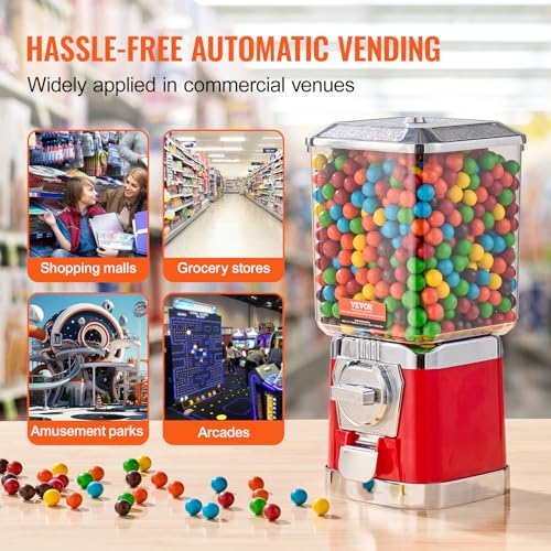 Image of VEVOR Gumball Machine for Kids, 17 inchH Home Candy Vending Machine, PC Gumball Dispenser, Bubble Gum Machine for Game Stores, Coin Operated Gumball Bank for Toy Capsules Bouncy Balls Candy, Red