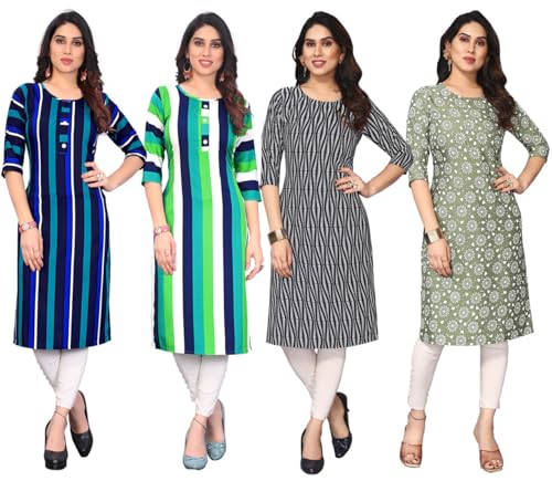 Image of JAKHANA Women's Crepe Printed Casual Straight Calf Length Round Nick Kurta Pack of 4