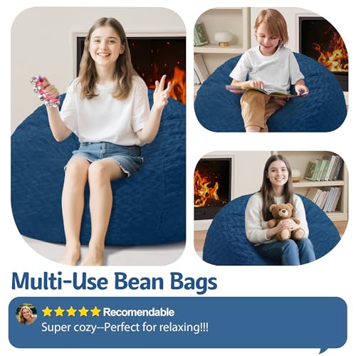 Image of HABUTWAY 2FT Bean Bag Chair,Giant Bean Bag Chairs for Adults,Big Bean Bags with Memory Foam Filled, Large Beanbag Chairs with Chevron Plush Cover-Blue