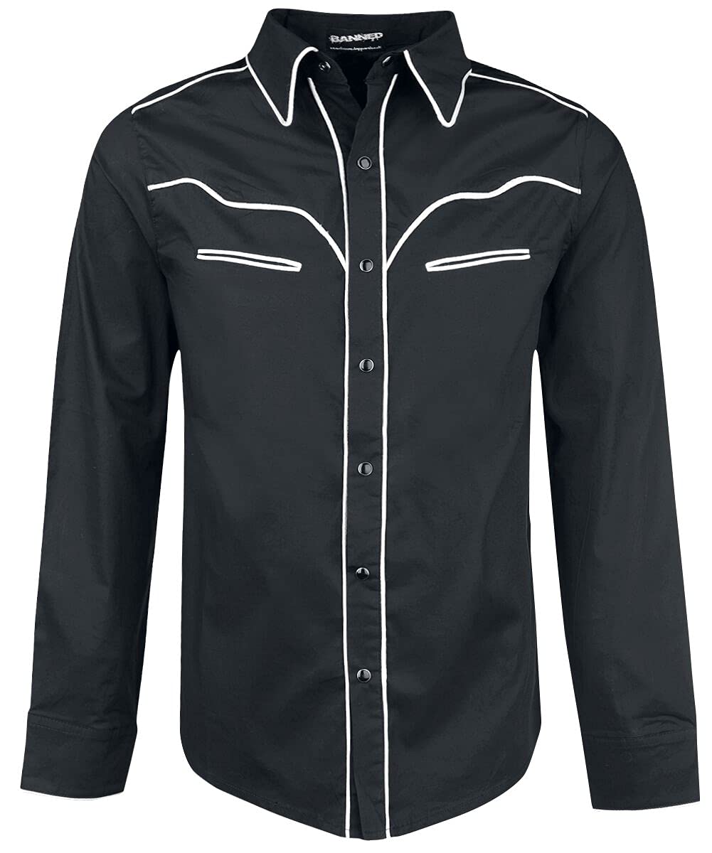 Banned Alternative Plain Trim Hombre Manga Larga Negro-Blanco Regular